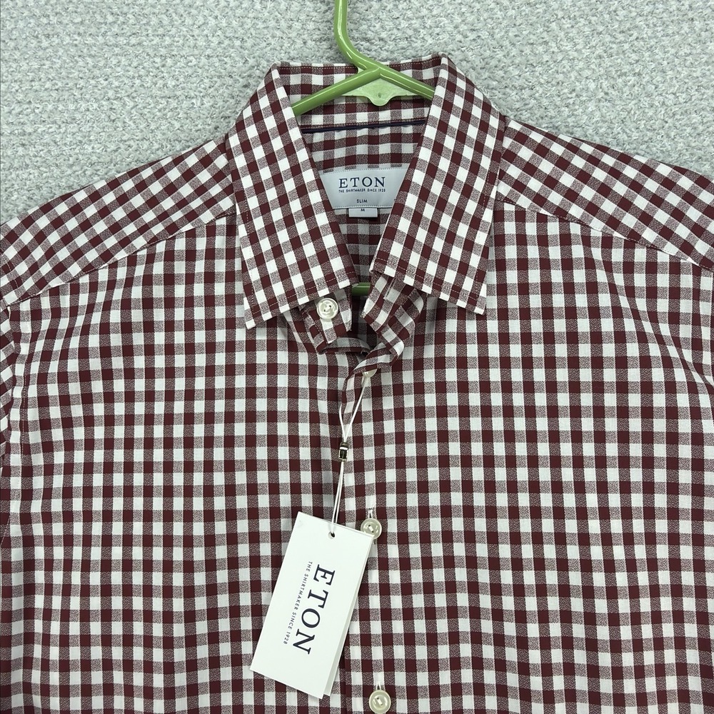 Eton Shirt Mens Med 39 / 15.5 Red White Gingham Check Plaid Slim Fit Button Down - Picture 2 of 16